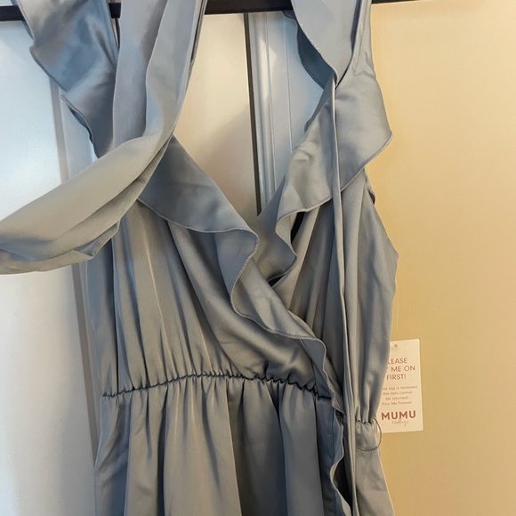 Samantha Ruffle Wrap Dress ~ Steel Blue Luxe Satin NWT SIZE SMALL - Picture 9 of 9